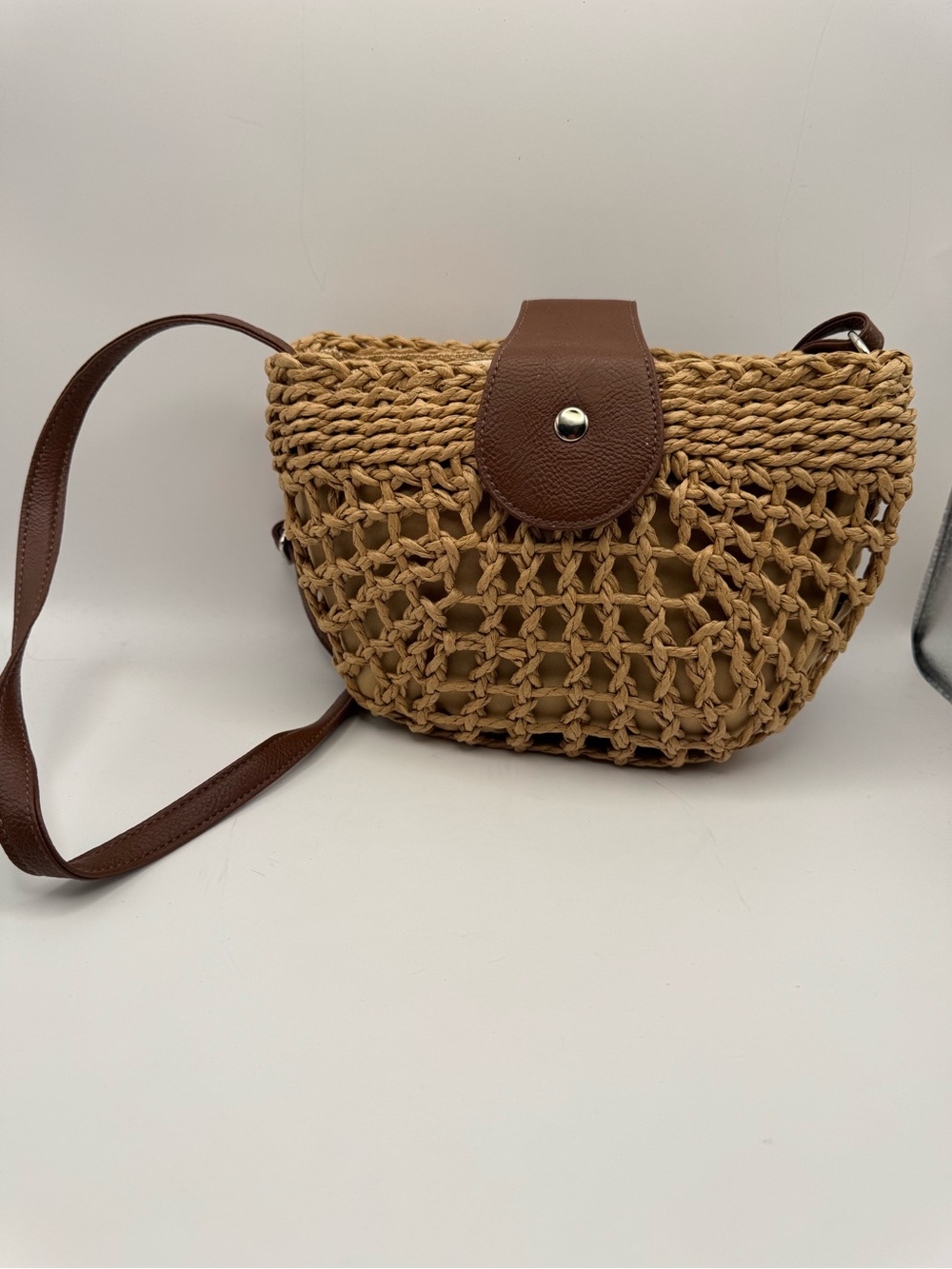 Woven Straw Crossbody Bag with Brown Leather Trim